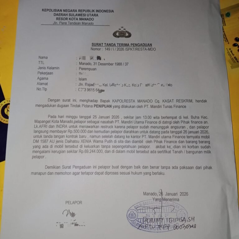 Gelapkan Mobil Konsumen, MUF Cabang Manado Dilapor ke Polisi