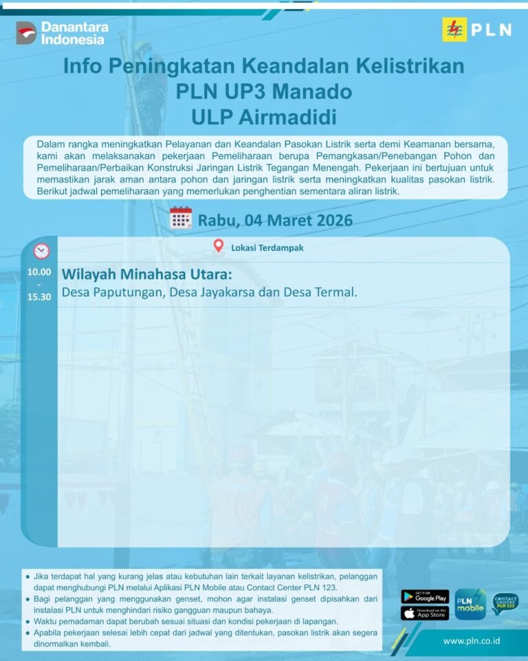 PLN UP3 Manado Lakukan Pemadaman Sementara untuk Peningkatan Keandalan Jaringan, Catat Jadwalnya!